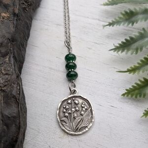 Beaded Lily Of The Valley Flower Pendant Necklace / Emerald Beads